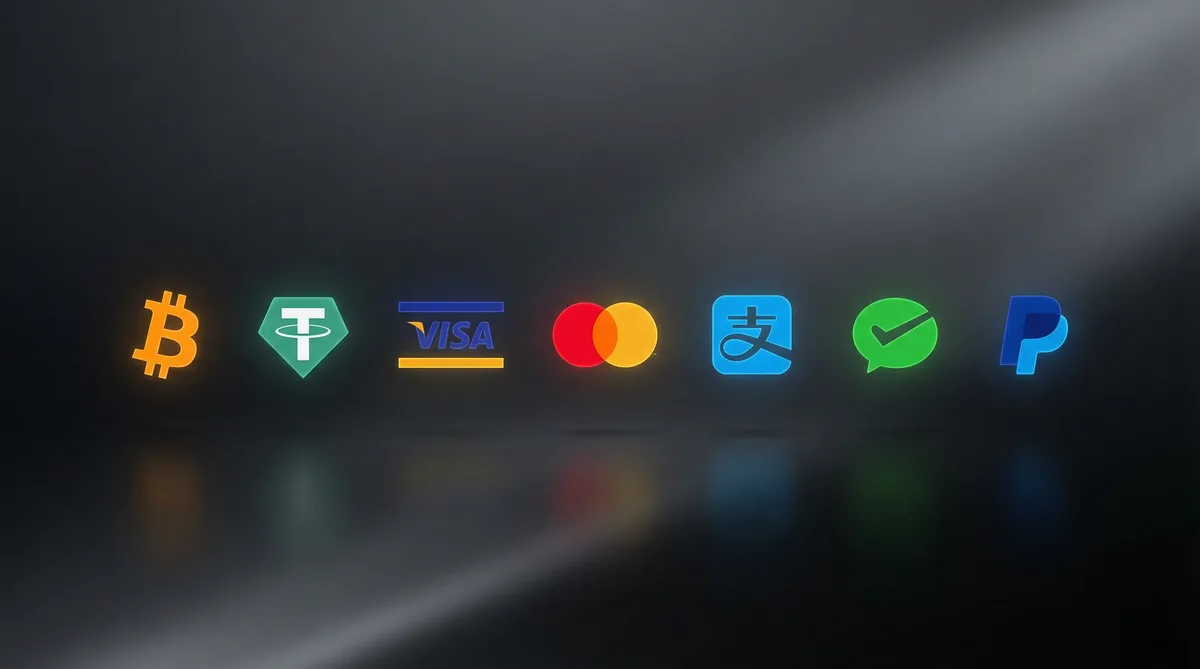 非凡娱乐支持的支付方式图标，包括比特币、USDT、Visa、支付宝、微信、PayPal