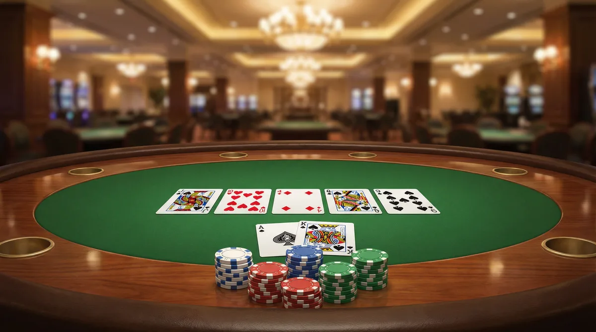 德州扑克游戏桌面，展示社区牌和筹码